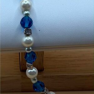 💙 Handmade Blue & Pearl Beaded Bracelet | Classic Elegant Style